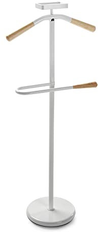 Versa Cham Moderner und multifunktionaler Herrendiener mit 2 Haken oder Aufhängern für Männer- oder Damenkleidung, Maßnahmen (H x L x B) 108 x 44 x 25 cm, Metall, Farbe: Weiß und Holz