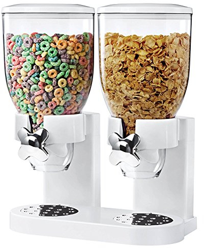 BAKAJI Distributeur pour céréales, pâtes, Bonbons, Desserts, Fruits secs Simple avec Roulette, Double récipient de 8 L et doseur intérieur, Blanc