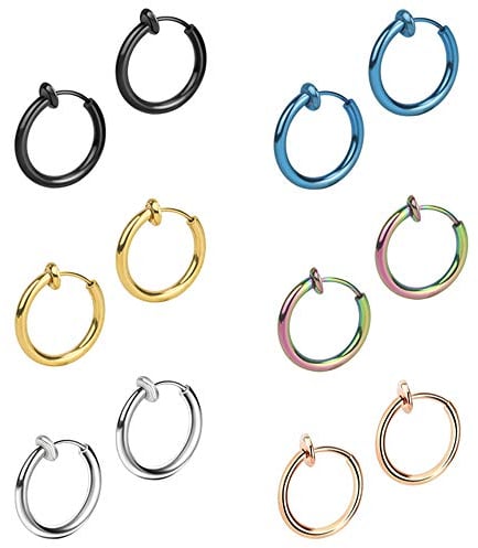 6 Paare 13mm Titan Edelstahl Creolen Ohrringe für Herren Damen Männer Ohrringe Clips Set Fake Plugs Tunnel Non-Piercing Ohrclips Ohne Ohrlöcher Rund Schwarz,Silber, Regenbogen, Gold, Blau,Rose Gold