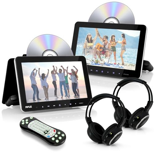 Universal Dual Vehicle Headrest Monitor - 10.5” Multimedia CD and DVD Player Audio Entertainment w/ Stereo Speaker, HDMI, LCD Screen, Mount and Wireless Headphones for Car Seat - Pyle PLHRDVD108KT