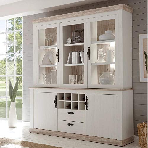 Lomadox Großer Buffet-Schrank im Landhaus Stil in Pinie Weiss inkl. LED-Rückwandbeleuchtung