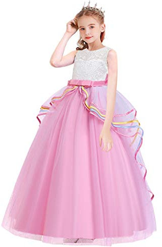 MYRISAM Princesse Fille Licorne Déguisement Robe de Anniversaire Cérémonie Soirée Halloween Carnaval Noël Fête Spectacle Mariage Longue en Tulle Bowknot Robes Bal Rose 8-9