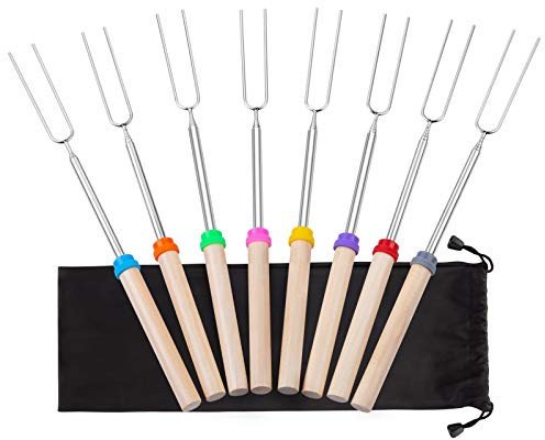 Fzbjayoon - Set di 8 bastoncini da tostatura, 81,3 cm, con manico in legno, forchette estensibili, spiedini da barbecue, accessori da campeggio per falò, braciere