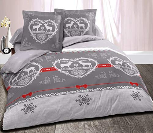 Alpes Blanc - Housse de Couette Chalet Winter Gris + 2 Taies Carrées - 100% Coton Qualité Supérieure - Grand Teint - Parure Esprit Montagne - 220 x 240 cm