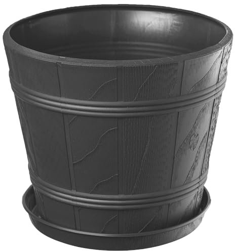 KADAX Pot de Fleurs en Plastique avec Soucoupe pour Intérieur et Extérieur, Catche-Pot Imitant l'aspect du Bois, Conçu en Forme de Tonneau (Anthracite, 30 cm)