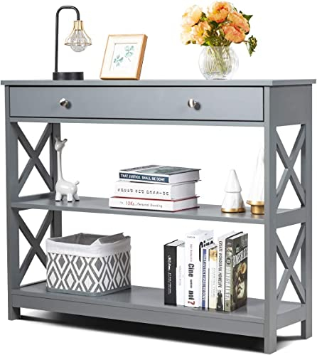 COSTWAY Table de Console à 3 Niveaux, Console Meuble avec Tiroir et 2 Étagères de Rangement de Motif en X, Console Entrée pour Couloir, Salon, Entrée, 100x30x80CM (Gris)