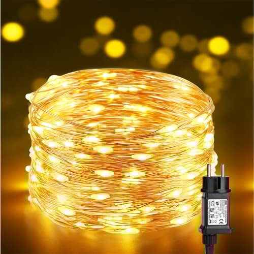 BrizLabs Luces de Navidad Exterior 10m 100 LED Guirnalda Luces Interior Alambre de Cobre Luces de Hadas Impermeable 8 Modos Decoración para Fiesta Bodas Balcón Casa Jardín, Blanco Cálido