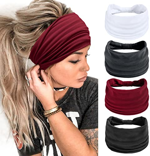4 Stück Stirnbänder Damen Frauen Breites Haarband Haarreifen für Mädchen Boho Knot Elastische Lauf Yoga Kopfwickel Haarbänder Elastische Haarschmuck