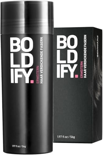 BOLDIFY Streuhaar für Dünner Werdendes Haar (Schwarz), Unsichtbar, Natürlich, Große Flasche, 56g, Kaschiert Haarausfall in 15 Sek, Haarverdichtung, Haarpuder für Feines Haar, Frauen/Männer