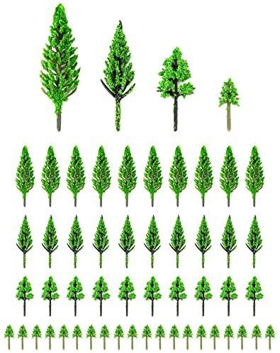 QWORK® 50 Pieces Model Trees Mixed, Model Trees Miniature, Simulation Model Trees, Plastic, For Sand Table Model, Scene Decoration, 4 Sizes