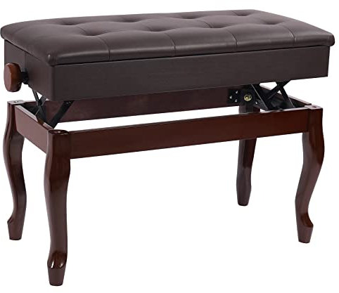 AKVOMBI Adjustable Duet Piano Bench with Storage Space, Curved Legs, Piano Stool, Keyboard Duet Benches, Padded Cushion Seat, Solid Sturdy Wooden Legs, Brown