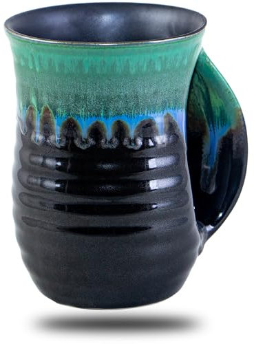 oojdzoo Handwärmer-Becher für Weihnachten, 473 ml, große Handwärmer, Keramik, handgefertigt, Geschenk für Urlaub, mit Taschengriff, hält Ihre Finger warm (Rechtshänder, Waldgrün/Schwarz)