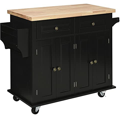 HOMCOM Carrello da Cucina con Ruote, Ripiani Regolabili e Portaspezie, Isola Cucina con Piano di Lavoro in Legno di Gomma, per Cucina e Soggiorno, 111x44.5x82.5 cm, Nero