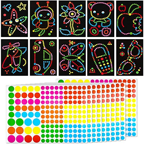 Delsen 10 Stück Kinder Klebepunkt Bastelset,Punkt Aufkleber Kunst Papier Set Bilder mit Klebepunkten Dotty Sticker für Kinder Kreative Basteln Aufklebe(Stil zufällig)
