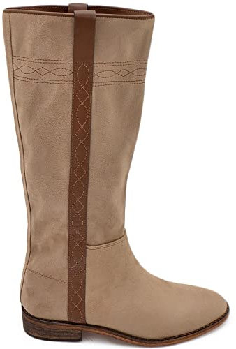 Stivali Donna Alto Nabuk Scamosciato Beige Morbido con Striscia Cuoio Gomma Bassa Antiscivolo Moda al Ginocchio Biker (39 EU)