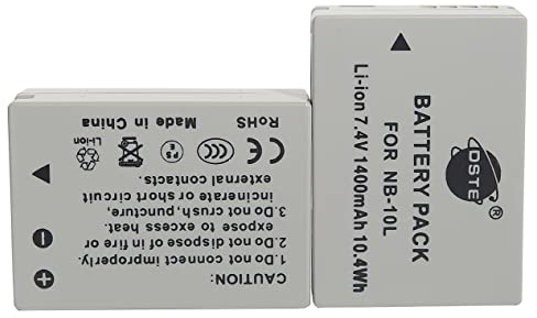 DSTE Lot de 2 batteries Li-ion compatibles avec appareil photo Canon NB-10L, PowerShot G1X, G3x, G15, G16, SX40, SX50, SX60 G3x