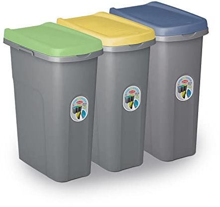 Home Centre Set of Three 25L Lift Top Lid Waste Bins Kitchen School Slim Recycling General Trash & Storage Recycled Rubbish Organiser Container Quality Made in Italy