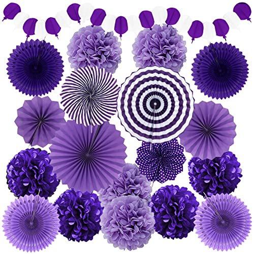 Recosis Violett Party Dekoration, Papier Pompoms Aufhängen Fächer Girlande für Fiesta Party Dekoration Taufe Mädchen Babydusche Party Hochzeit Geburtstag Festival