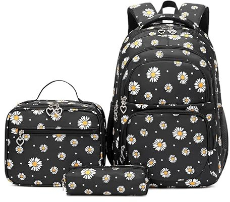 Lengender Girl Primary School Bag for Kids Teens Daisy School Backpack with Lunch Bags and Pencil Case, Black, 46 * 30 * 18cm