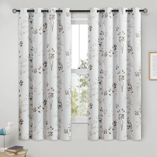 Beauoop Verdunkelungsvorhänge mit Blumenmuster, 100 % lang, 137 cm Länge, 2 Paneele für Schlafzimmer, Wohnzimmer, Hellbraun und Weiß, Blumenmuster, Raumverdunkelung, thermisch, schalldicht, Ösen,