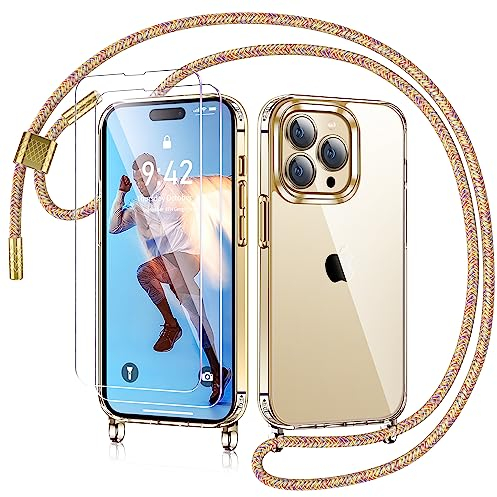 AROYI Handykette für iPhone 14 Pro Max Hülle mit Band Und 2 Stück Schutzfolie, Transparent Ultra Hybrid Handyhülle für iPhone 14 Pro Max mit Kette zum Umhängeband Abnehmbar Stossfest - Regenbogen