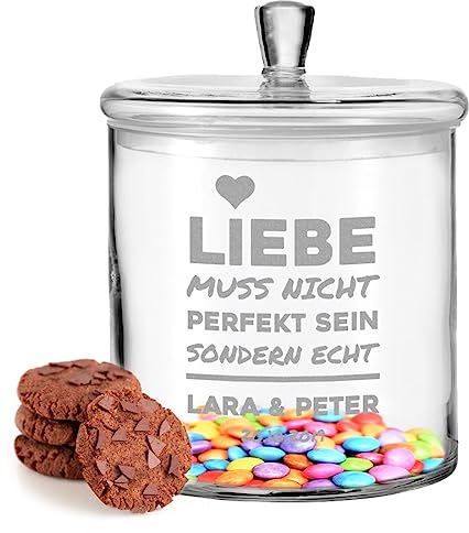 polar-effekt Leonardo Keksdose aus Glas mit individueller Gravur passend zur Hochzeit - Glas-Dose mit Namen - das Hochzeitsgeschenk für Paare - Jahrestag und Verlobung
