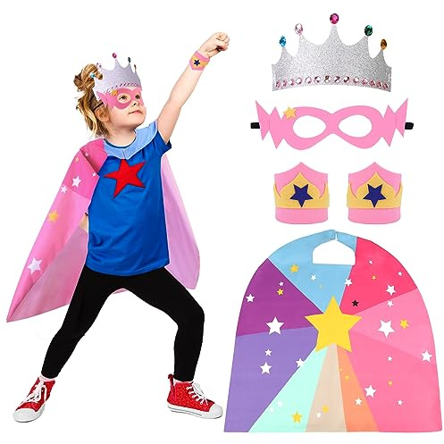 XEPST Superhelden Cape für Kinder, Superhelden Kostüm Set mit Superhelden Maske und Cape Krone Armbänder Perfekt für Halloween Karneval Cosplay Kostüm Zubehör für Kinder 3-10 Jahre, Mädchen
