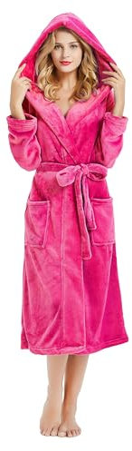 HEARTNICE Damen Fleece Bademantel mit Kapuze, weicher Plüsch Morgenmantel Bädemantel für Damen, flauschig süß Lange Hausmantel (Rosarot, 2XL/3XL)