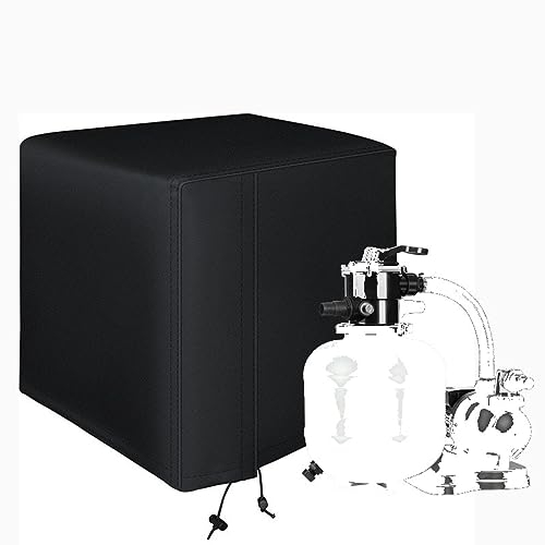 TCHAU Abdeckung Für Filteranlage Selbstsaugende Pumpe Im Außenbereich, Staubschutzhülle Für Poolfilterpumpe Mit Kordelzug Und Klettverschluss, Wasserdicht, 600D Oxford Schwarz 43x32x39cm
