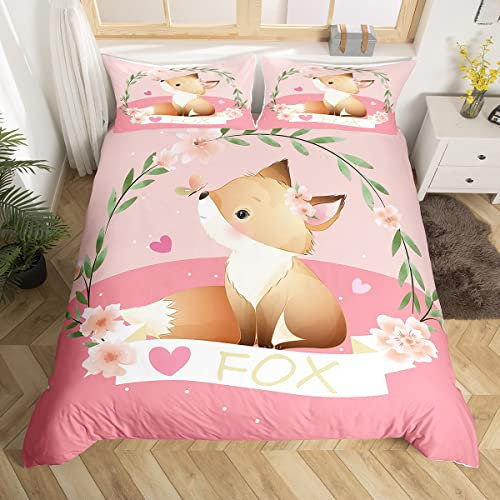 Bettbezug Fuchs Cartoon für Mädchen, Bettwäsche-Set, 140 x 200 cm, Fuchs, niedlich, für Jungen und Mädchen, Kawaii, Tiere, Bettwäsche, botanisch, Blumenmuster