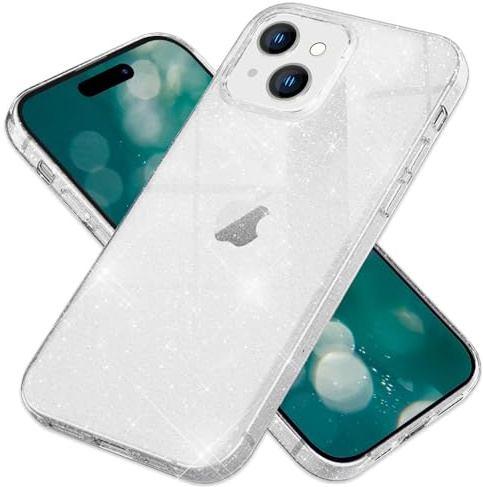 NALIA Glitzerhülle für iPhone 15 Plus - Hülle, Durchsichtig | Reflektierende Partikel im Material verschmolzen, Geschmeidige Oberfläche, Erhöhte Kanten an Kamera und Display