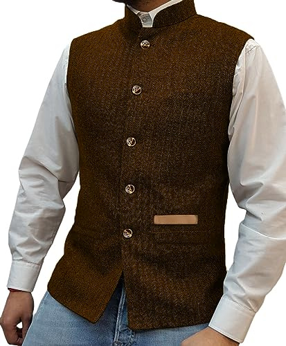 Yiaisafa Jagd Herren Stand-Up Kragen Mock Tweed Westen Retro Herringbone Weste Vintage Hochzeit Gilet Wollen Bräutigam