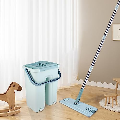 Balai Serpillère et Seau Essoreur, Balai Microfibre Plat avec Manche en INOX, Tampons Réutilisables, pour Tous Types de Sols