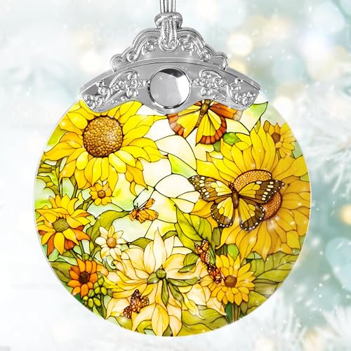 Buntglas-Sonnenfänger, Jocidea Sonnenblume und Schmetterling, Weihnachtsschmuck, Feiertagsschmuck, Weihnachtsbaumschmuck, Sonnenblumen- und Schmetterlingsgeschenke