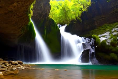 adrium Holz-Bild 60 x 40 cm: Wunderschöner Wasserfall im grünen Wald, Nahaufnahme eines Fotos, China (205288229)