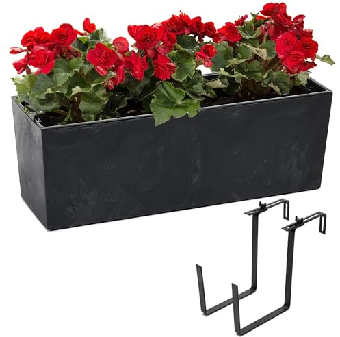 Set Blumenkasten Balkonkaste mit Blumentopfeinsatz Beton Optik Schwarz 56x19 H19,5cm + Halterung Metall Schwarz
