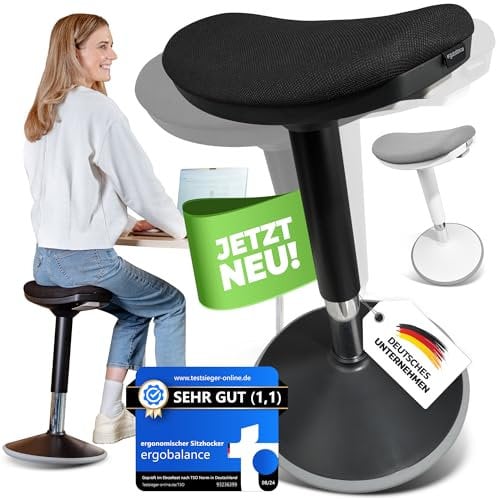ergobalance Sitzhocker mit Innovativer Sitzfläche | Ergonomischer Hocker [3 in 1] Bürohocker Sattelhocker Stehhocker | Höhenverstellbar rutschfest | Jetzt Farbe wählen (schwarz)
