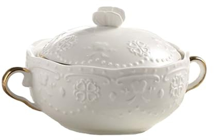 Sopera De Cerámica con Cucharón De Sopa, Tazón De Cazuela De Plato Blanco Redondo Elegante De Estilo Europeo Resistente Al Calor para Olla De Barro De Cocina Casera [Clase de eficiencia ene
