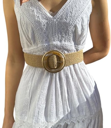 MIGURA Ceinture femme paille large élastique pour robe femme vintage mode ceinture réglable adaptable à la figure Taille universelle Tissu osier, Jaune blanc, Adaptable