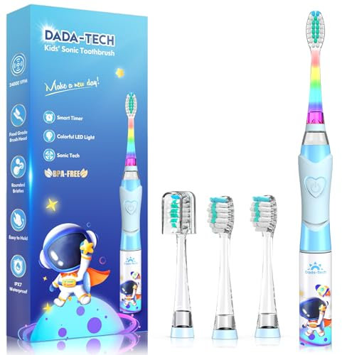 Elektrische Zahnbürste Kinder ab 3-6-8-12 Jahre mit buntem Regenbogen-LED-Licht Integrierter Timer 90% abgerundeten Borsten Schallzahnbürste für Kleinkind (Kind Astronauten Blau)