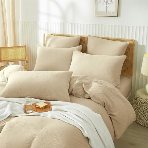 YASMENG Doppelte Muslin Bettwäsche 200x220 Khaki Beige Bettwäsche Muslin 100% Baumwolle Bettwäsche Weich Atmungsaktiv Kuschelige Bettwäsche 3 Teilig mit Reißverschluss und 2 Kissenbezüge 80x80 cm