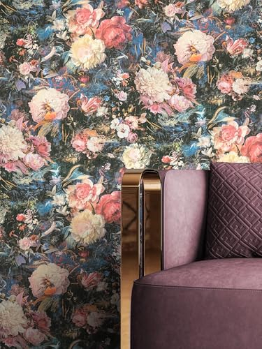 NEWROOM Tapete Bunt Vliestapete Blumen - Blumentapete Floral Rot Violett Rosen Pfingstrosen Rosentapete Romantisch Vintage Klassisch inkl. Tapezier-Ratgeber