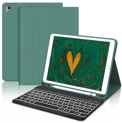 JADEMALL Coque Clavier pour iPad 6eme/5eme Generation 9.7, iPad Air 2/1 2014/2013, iPad 6e/5e Generation 2018/2017, AZERTY Clavier Rétro-éclairé Bluetooth, Housse avec Pen Holder, Vert foncé