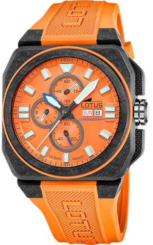 Lotus Montre pour Homme 18976/6 Chrono Boîtier en Fibre de Carbone Noir Bracelet en Caoutchouc Orange