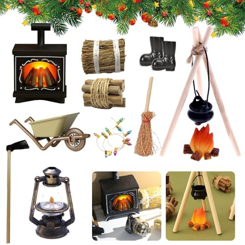 Wichtel Zubehör Kamin Set, Puppenhaus Kamin mit Licht, Miniatur Kamin, Wichtel Zubehör Feuerstelle, Petroleumlampe, Heuhaufen, Miniatur Bunte Lampe, Hacke, Gummistiefel, Karren, Besen, Brennholz