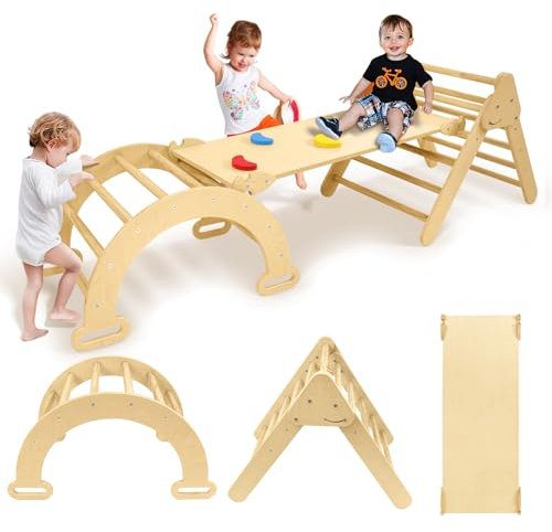 Kidsbuddy 3-in-1 Klettergerüst Indoor,Klappbares Montessori Kletterdreieck aus Holz mit Rutsche、Kletterbogen、Klettergerät,Spielplatz,Lernspielzeug für Kinder ab 1 Jahr,Kletterspielzeug Outdoor Indoor