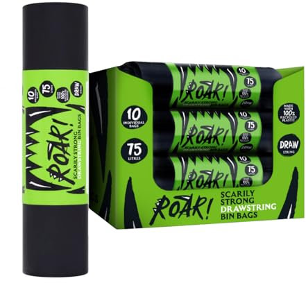 Roar! Bin Bags 75 Litres, 10 x 24 Rolls (240 Bags) Double Drawstring Ultra Strong Black Refuse Sacks, 100% Recycled Plastic, Everyday Use, Household, Office & Kitchen Waste