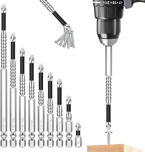 9 Stück High-Magnetic Screwdriver Drill Bit Set, Hochmagnetischer Schraubendreher-Bohrer-Bit-Satz Präziser Anti-Rutsch Phillips Bits für Elektrobohrer (25 50 65 70 75 90 100 120 150 mm)
