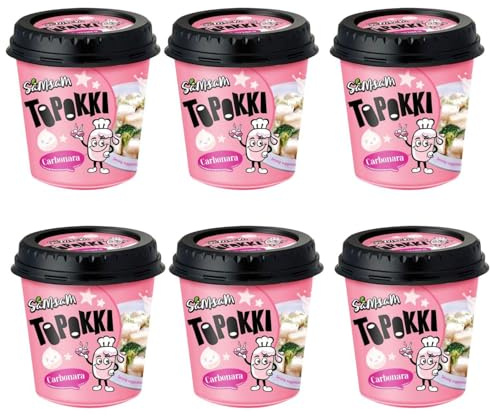 SamSam Instant Tteokbokki Topokki Korean Rice Cakes Chewy Street Snack, Multi Flavours, Carbonara, Cheese, Curry, Garlic Teriyaki, Jjajang, Rose, Original Sweet & Spicy (Pack of 6, Carbonara)