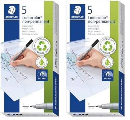 Staedtler Folienstift Lumocolor non-permanent, wasserlösliche Tinte, für fast alle Oberflächen geeignet, Linienbreite F 0,6 mm, nachfüllbar, lange Lebensdauer, 5 schwarze Stifte, 316-9X